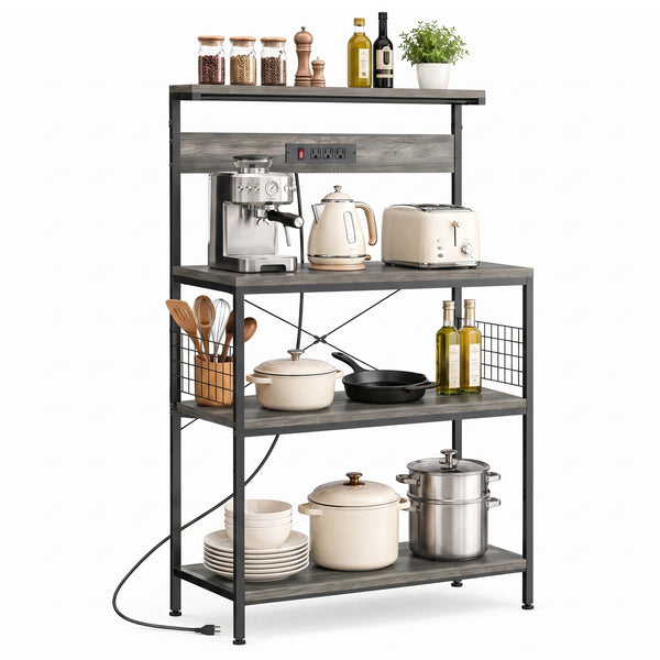SHOUFTW Kitchen Storage Rack with Power Outlet, 4-Tier Backer's Rack for Microwave Stand & Coffee Bar Storage