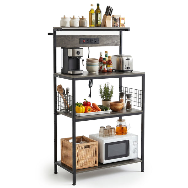 SHOUFTW Kitchen Storage Rack with Power Outlet, 4-Tier Backer's Rack for Microwave Stand & Coffee Bar Storage