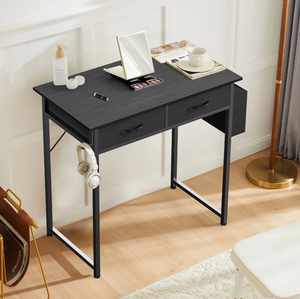 Small Desk with Fabric Drawers and Storage Shelves, 32 inch for Adult, Black