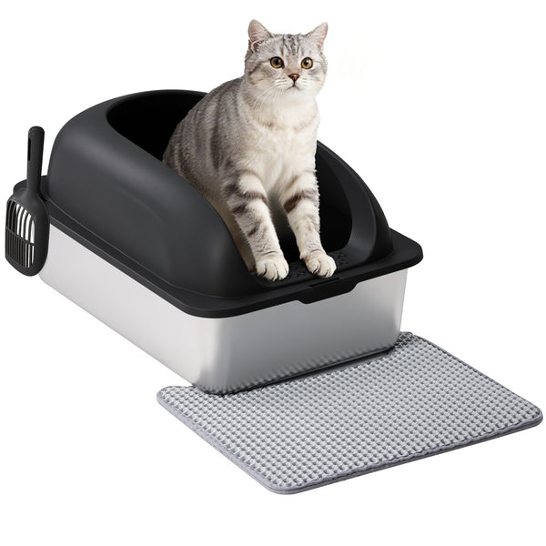 CONCETTA 24in Stainless Steel Cat Litter Box with Lid, Large Cat Litter Box for Cats, High Wall Sides, Anti-Urine Leakage, Easy Cleaning, Scoop and Mat Included
