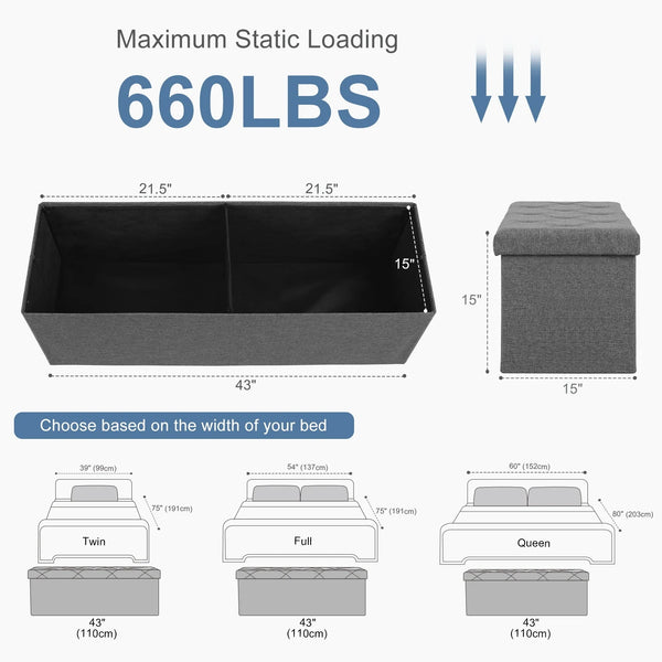 43 Inches Storage Ottoman Bench, Foldable Ottoman Foot Rest, End of Bed Bench, Storage Chest, Load up to 660 lb, for Living Room, Bedroom, Entryway