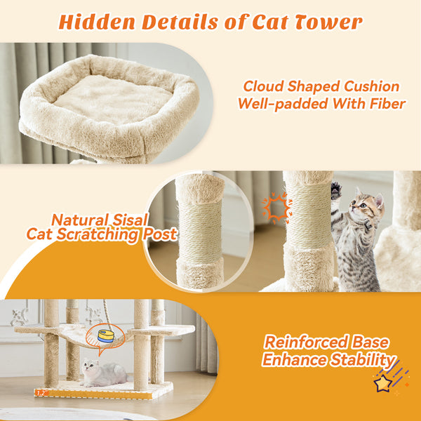 CONCETTA 66in Multi Level Cat Tree Tower,Cat Scratching Posts with Large Top Perch and Hammock, Beige