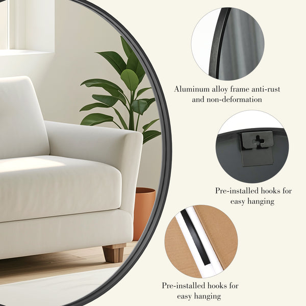 CONCETTA 28-Inch Round Wall-Mounted Mirror, Made Of High-Quality Aluminum, With a Clear And Bright Mirror Surface, Equipped With a Convenient Hook