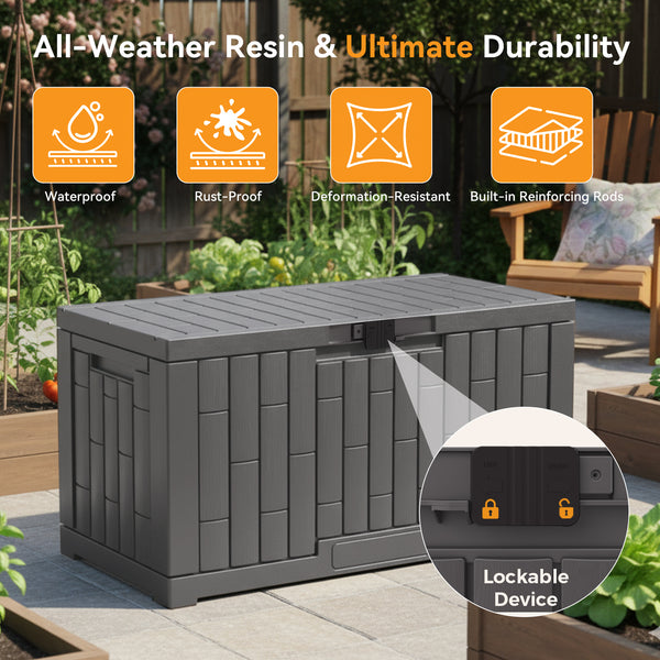 CONCETTA 60-Gallon Waterproof Deck Box, UV-Resistant Resin Outdoor Storage, Lockable Wide-Opening Lid, Garden Patio Storage Bench