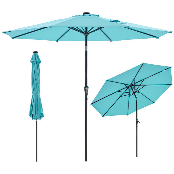 SHOUFTW 10FT Outdoor Patio Umbrella with Solar LED Lights, Push-Button Tilt Market Umbrella, Weather-Resistant 8-Rib Sun Shade for Patio, Garden, Backyard, Deck or Poolside