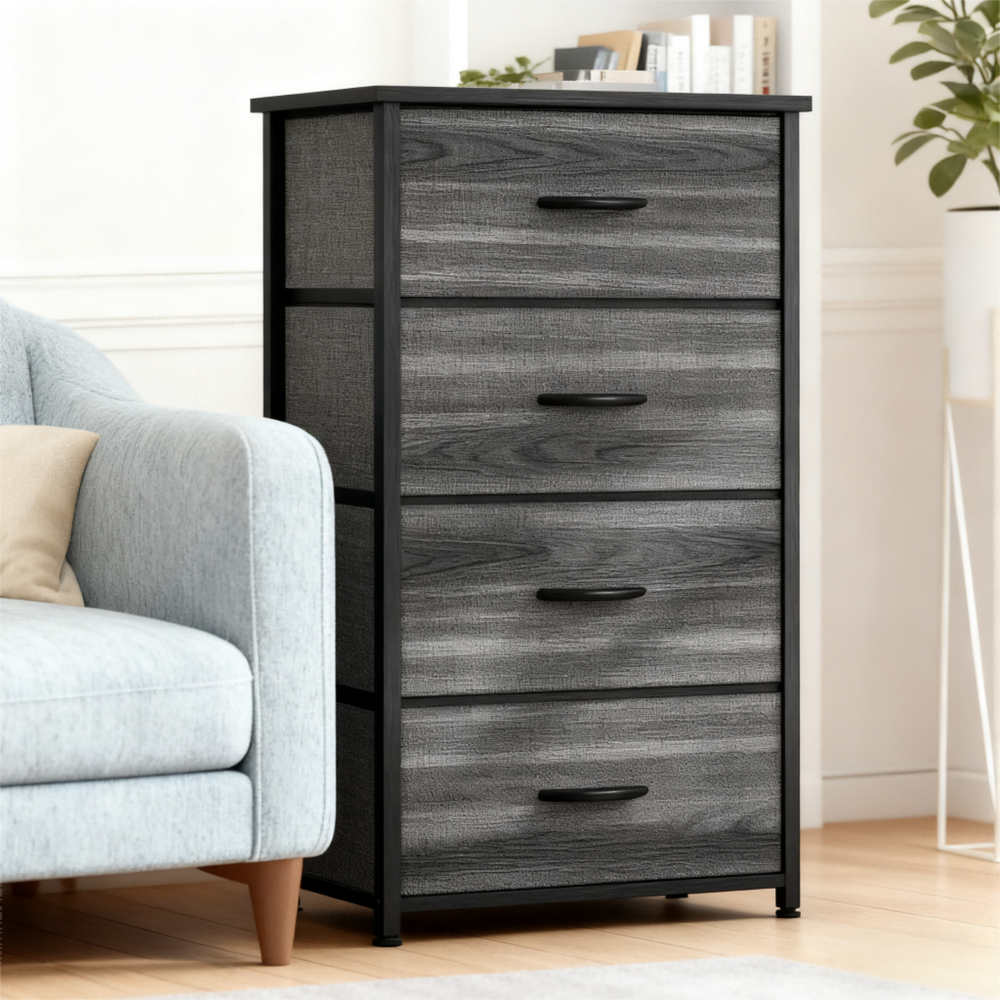 CONCETTA 4 Drawer Dresser, Wide Chest Drawers Nightstand Storage Tower Storage Fabric Dresser With Wood Top for Living Room, Bedroom, Closet