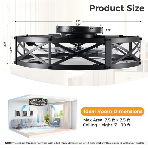 SHOUFTW Bladeless Farmhouse Flush Mount Ceiling Fan with Lights, Remote Control Rustic Low Profile Caged Quiet Fandelier for Bedroom Kitchen