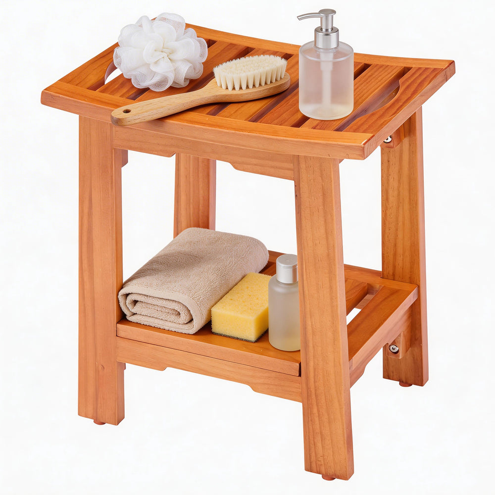 CONCETTA Teak Shower Bench, Bathroom Spa Stool for Small Bathrooms Tub Outdoor Use, Non-Slip Adjustable Seat for Seniors