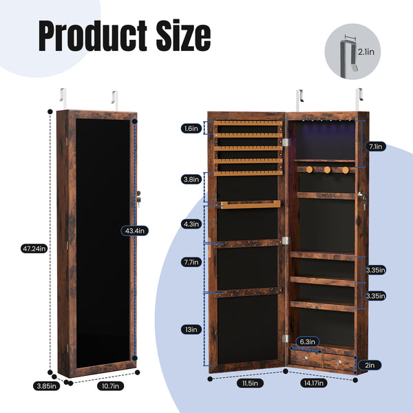 CONCETTA 47" Full-Length Mirror Jewelry Cabinet with Auto LED Lights, Wall-Mounted or Door-Hanging Organizer