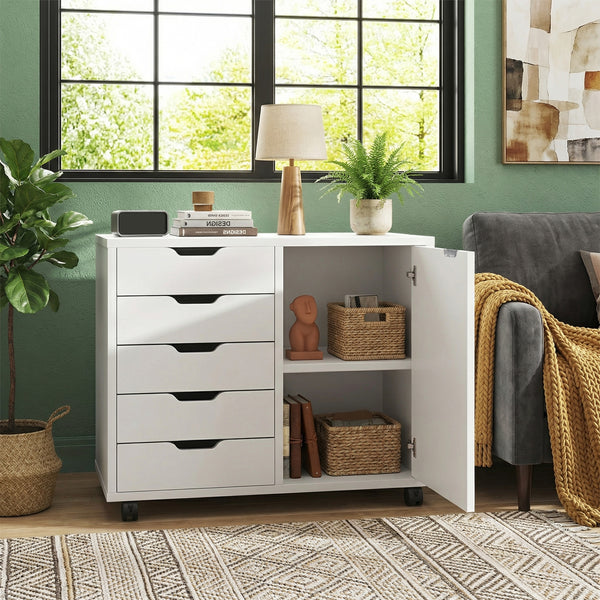 CONCETTA 5-Drawer Wood Storage Cabinet for Office & Home, Mobile Lateral Filing Cabinet, Printer Stand Cabinet with Adjustable Shelf, Wheels with Breaker