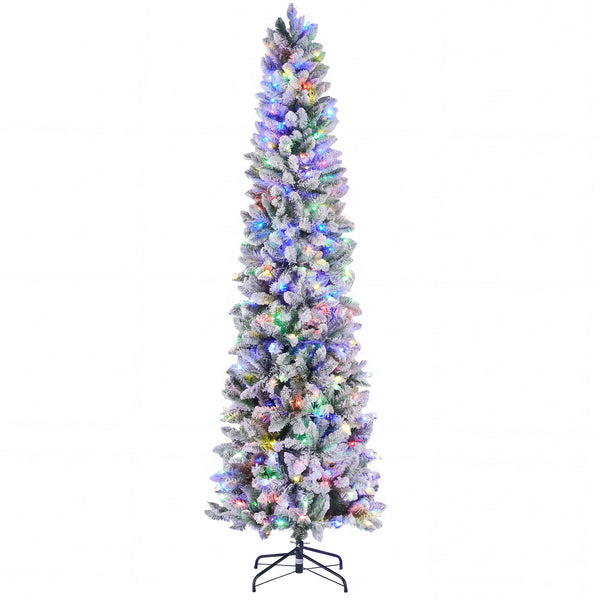 CONCETTA Flocked Pencil Christmas Tree w/Twinkling LEDs, Lighted Skinny w/Base, 150 Lights, 268 Tips, Warm White Lights
