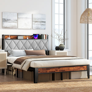 CONCETTA Full Size Heavy Duty Metal Bed Frame, Storage Headboard with Charging Station, Noise Free, No Spring Box Required, 880lbs Capacity