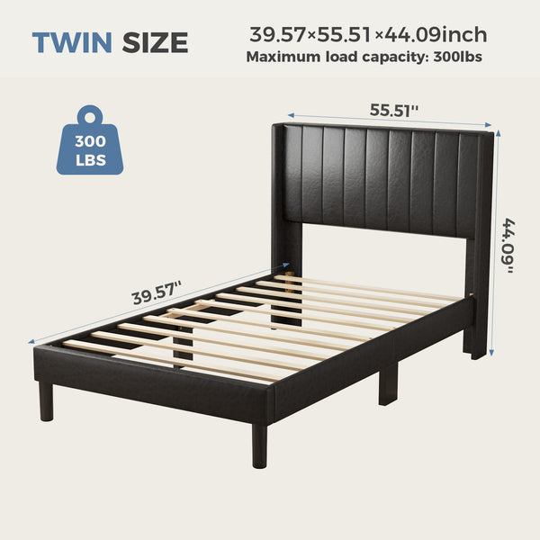 CONCETTA Full Size Bed Frame with Wingback PU Upholstered Headboard and Wooden Slats Support, No Box Spring Needed, Easy Assembly, Black