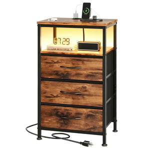 Fabric Drawers Nightstand with Charging Station, Bedside End Table with Power Outlet & USB/Type-C Ports, Iron Frame Structure, Adjustable Feet and Variable Light Strip for Bedroom