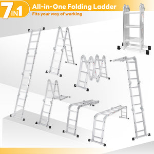 Multi-Functional Folding Telescopic Ladder - Made Of Aluminum Alloy, With Anti-Slip Design And Safety Lock System, Supports Up To 330 Lbs, Suitable For Home, Outdoor, Or Workshop,Silver