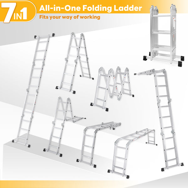 Multi-Functional Folding Telescopic Ladder - Made Of Aluminum Alloy, With Anti-Slip Design And Safety Lock System, Supports Up To 330 Lbs, Suitable For Home, Outdoor, Or Workshop,Silver