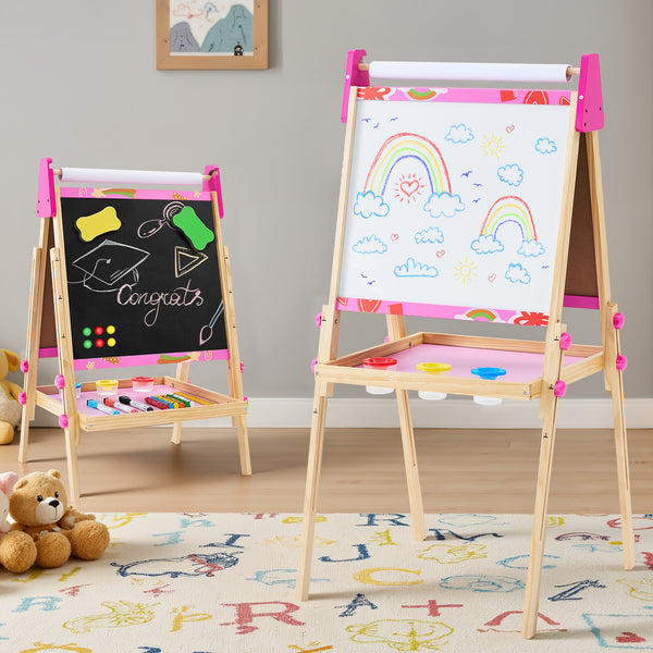 CONCETTA Kids Easel, Double-Sided Magnet Whiteboard & Chalkboard with Paper Roll, Storage Shelf & Accessories,