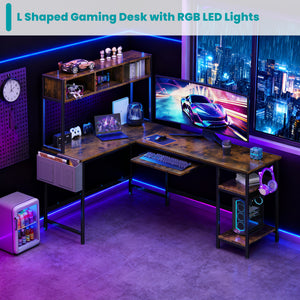 67" Reversible L-Shaped Desk with LED Lights, Power Outlets, Drawer, Keyboard Tray & Hutch