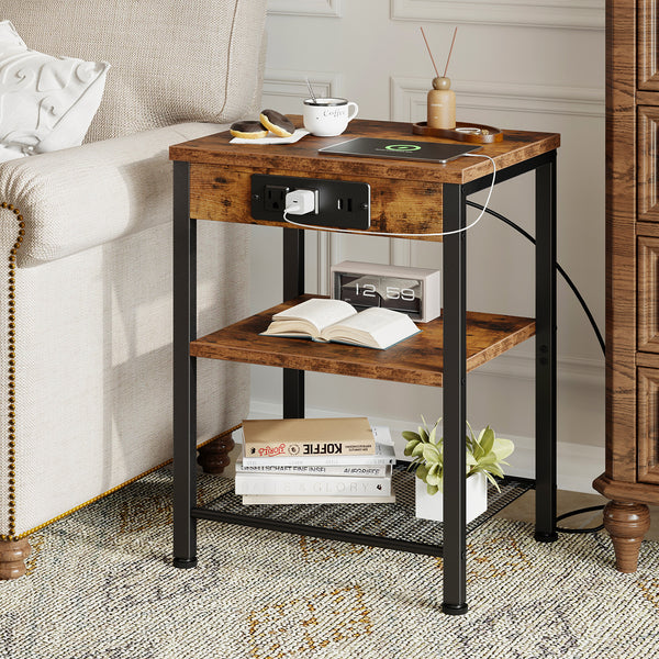 CONCETTA 3 Tier Nightstand with Charging Station, Bedside End Table for Bedroom Living Room