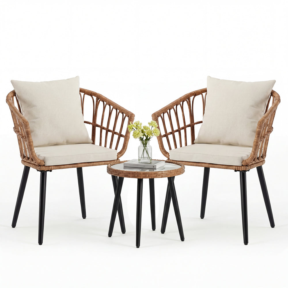 CONCETTA 3 Piece Outdoor Patio Furniture Set, Wicker Bistro Chairs with Glass Top Table for Apartment Balcony, Small Backyard, Porch and Deck
