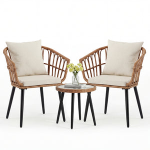 CONCETTA 3 Piece Outdoor Patio Furniture Set, Wicker Bistro Chairs with Glass Top Table for Apartment Balcony, Small Backyard, Porch and Deck