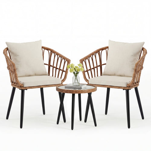 CONCETTA 3 Piece Outdoor Patio Furniture Set, Wicker Bistro Chairs with Glass Top Table for Apartment Balcony, Small Backyard, Porch and Deck