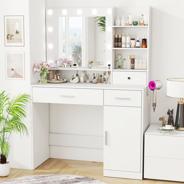 CONCETTA Modern Adult Vanity Desk 1 Piece with Mirror, Power Outlet and Lights, White Table Set