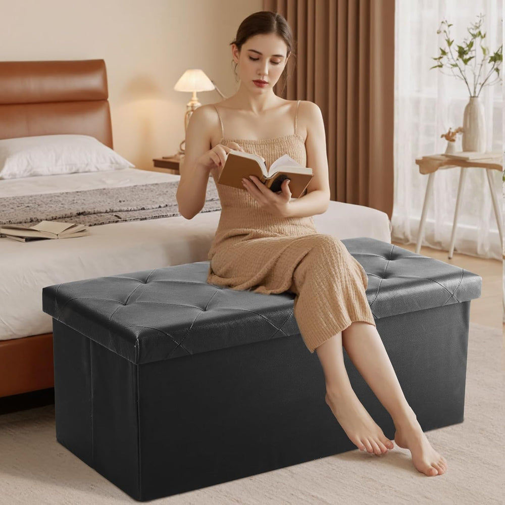 JOINSUN 43" Storage Ottoman – Foldable Faux Leather Stool with Storage, 660 lb Capacity, for Bedroom, Living Room, Entryway, Black
