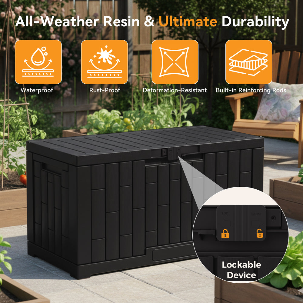 CONCETTA 60-Gallon Waterproof Deck Box, UV-Resistant Resin Outdoor Storage, Lockable Wide-Opening Lid, Garden Patio Storage Bench