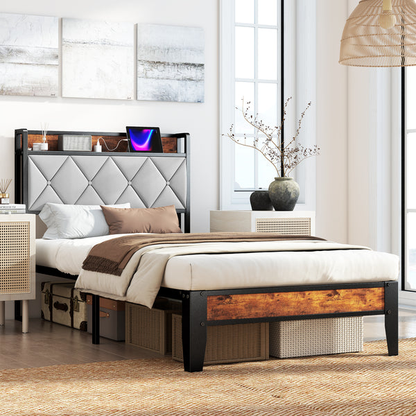 CONCETTA Twin Size Heavy Duty Metal Bed Frame, Storage Headboard with Charging Station, Noise Free, No Spring Box Required, 800lbs Capacity