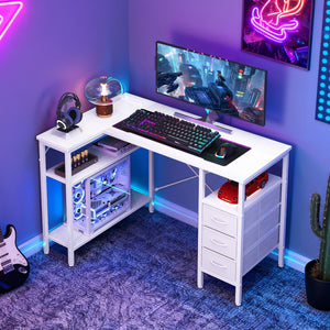 47"L Shaped Computer Desk with 3 Drawers, Power Outlets, USB Ports, and Monitor Stand, Corner Gaming Desk for Home Office