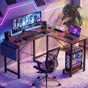 CONCETTA 49 Inch Modern L Shaped Computer Desk with Lower Storage Shelf & Side Bag, Two-Way Convertible Corner Gaming Table for Home Office