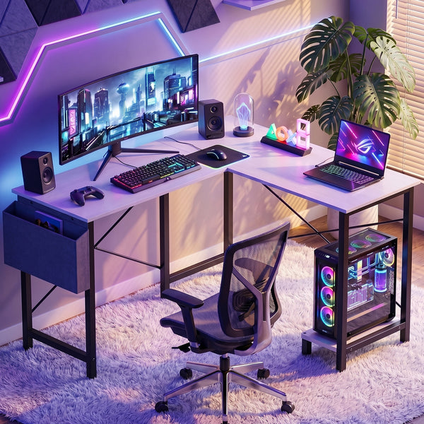 CONCETTA 49 Inch Modern L Shaped Computer Desk with Lower Storage Shelf & Side Bag, Two-Way Convertible Corner Gaming Table for Home Office