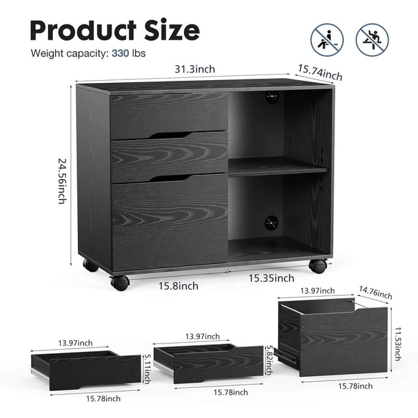 CONCETTA Lateral File Cabinet - with 3 Drawers, Rolling Wooden File Storage Drawer, Black Printer Stand Under Desk Organiser for Office, Home