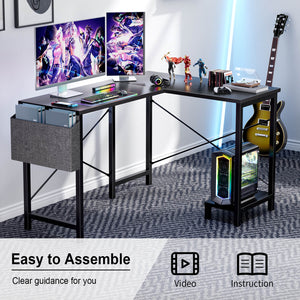 CONCETTA L-Shaped Computer Desk - 50" Corner Gaming Table with Console Shelf and Side Storage Pocket for Office, Bedroom, Living Room