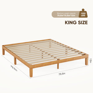 CONCETTA 12 inch Natural Pine Platform Bed Frame, Wood Slat Support, No Box Spring Required, Twin/Full/Queen/King Size