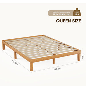 CONCETTA 12 inch Natural Pine Platform Bed Frame, Wood Slat Support, No Box Spring Required, Twin/Full/Queen/King Size