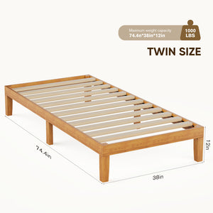 CONCETTA 12 inch Natural Pine Platform Bed Frame, Wood Slat Support, No Box Spring Required, Twin/Full/Queen/King Size