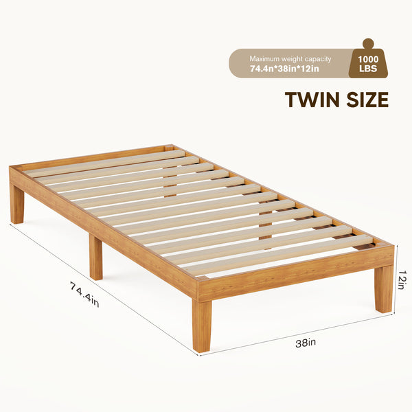 CONCETTA 12 inch Natural Pine Platform Bed Frame, Wood Slat Support, No Box Spring Required, Twin/Full/Queen/King Size