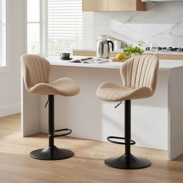 CONCETTA Set of 2 Swivel Bar Stools - Adjustable Height Modern Fabric Upholstered Barstools Counter Bar Chairs with Backrest for Kitchen Island & Home Bar