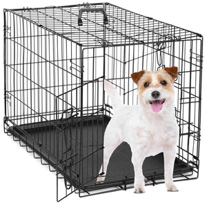 JOINSUN Dog Crate-24/30/36/42/48 inch, Double Door Dog Cage with Divider Panel and Plastic Leak-Proof Pan Tray, foldable, easy to carry, suitable for indoor, outdoor, travel use