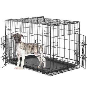 JOINSUN Dog Crate-24/30/36/42/48 inch, Double Door Dog Cage with Divider Panel and Plastic Leak-Proof Pan Tray, foldable, easy to carry, suitable for indoor, outdoor, travel use