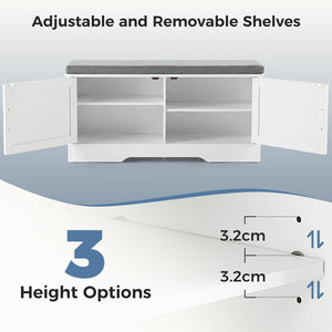 CONCETTA White Storage Bench, Padded Seat Entryway Shoe Bench Featuring 4 Barn Doors and Adjustable Storage Shelf