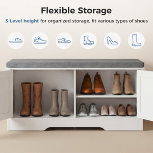 CONCETTA White Storage Bench, Padded Seat Entryway Shoe Bench Featuring 4 Barn Doors and Adjustable Storage Shelf