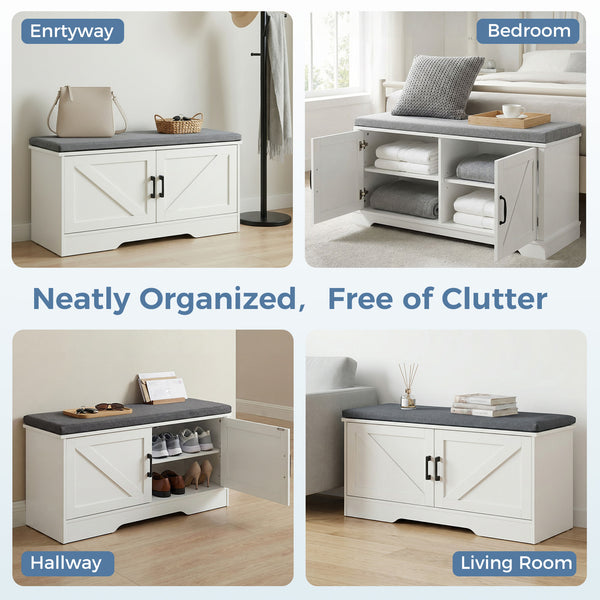 CONCETTA White Storage Bench, Padded Seat Entryway Shoe Bench Featuring 4 Barn Doors and Adjustable Storage Shelf