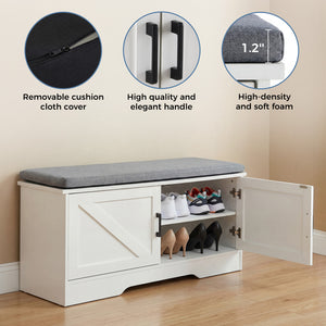 CONCETTA White Storage Bench, Padded Seat Entryway Shoe Bench Featuring 4 Barn Doors and Adjustable Storage Shelf