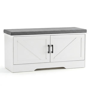 CONCETTA White Storage Bench, Padded Seat Entryway Shoe Bench Featuring 4 Barn Doors and Adjustable Storage Shelf