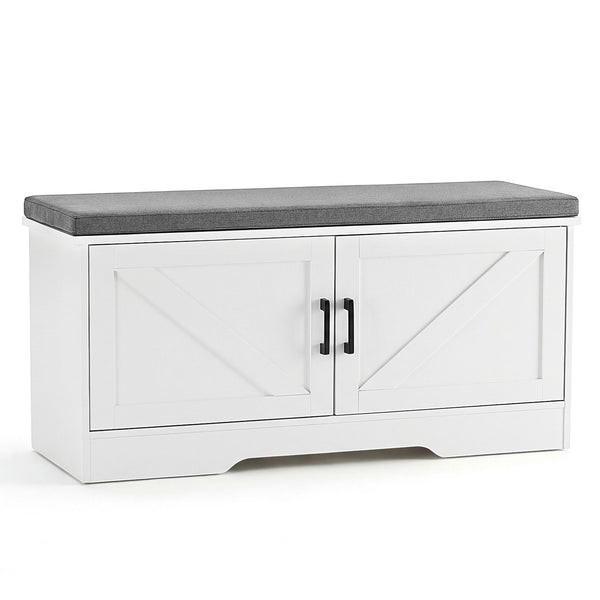 CONCETTA White Storage Bench, Padded Seat Entryway Shoe Bench Featuring 4 Barn Doors and Adjustable Storage Shelf