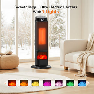 1500W Tower Space Heater with Fireplace Effect, Oscillating Electric Heater with Remote Control