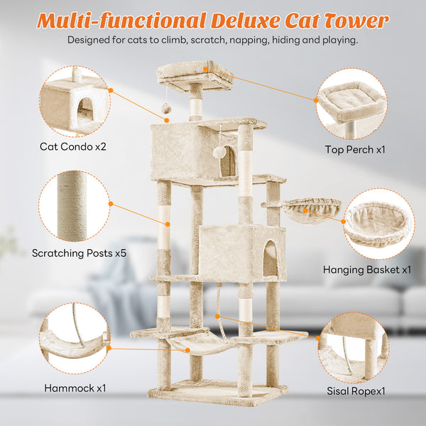 CONCETTA 66in Multi Level Cat Tree Tower,Cat Scratching Posts with Large Top Perch and Hammock, Beige